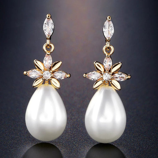 RAKOL EP1164 luxury fashion sliver 18K gold plated custom zircon pearl drop dangle earrings for wedding