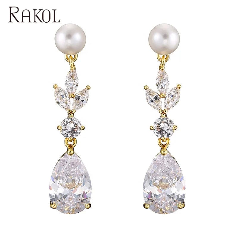 RAKOL EP2724 luxury women's long dangle cubic zirconia pearl studs earrings jewelry women gold plated earrings 18k