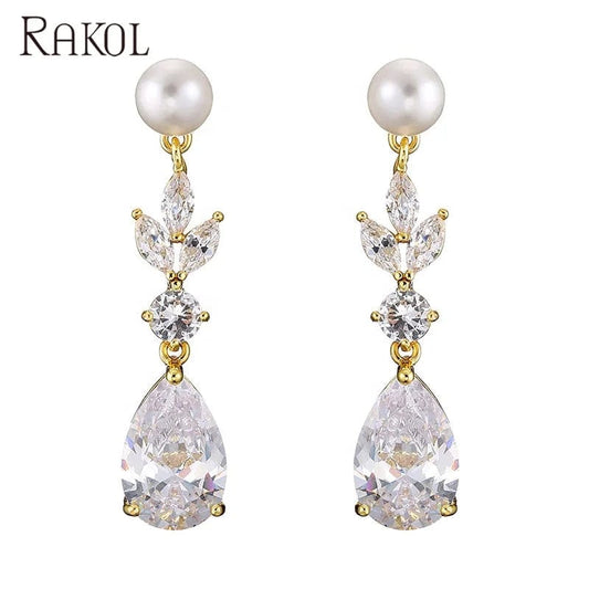 RAKOL EP2724 luxury women's long dangle cubic zirconia pearl studs earrings jewelry women gold plated earrings 18k