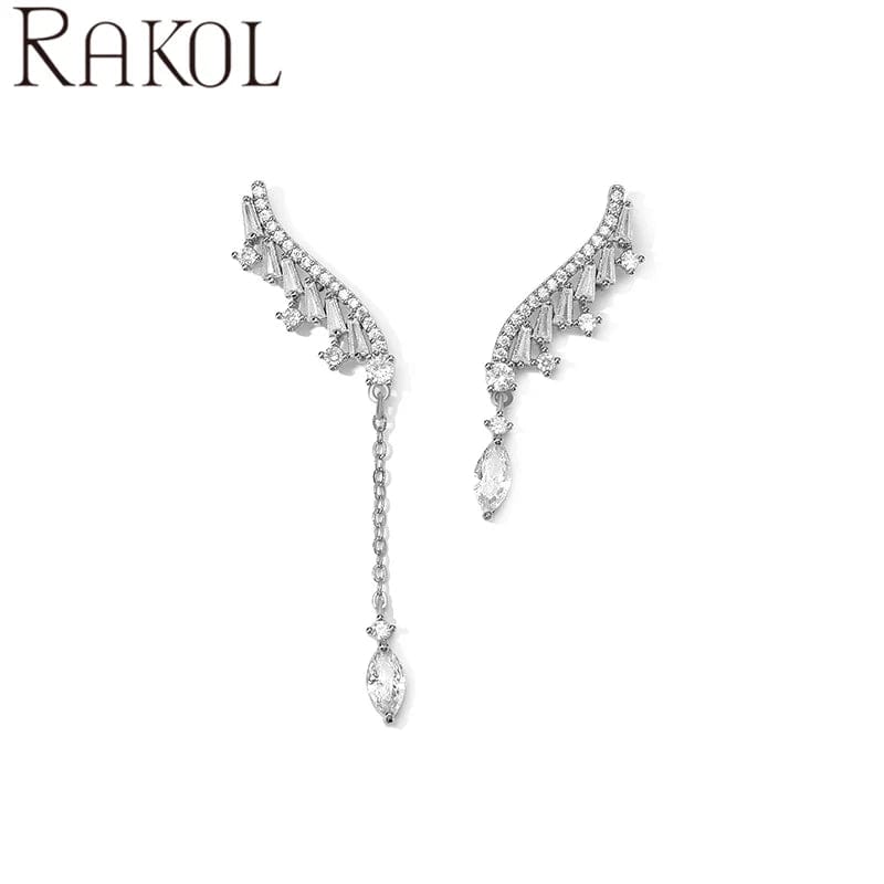 RAKOL EP5422 top selling elegant asymmetric wing type shining diamond silver 18k gold plated long dangle earrings