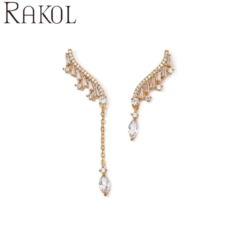 RAKOL EP5422 top selling elegant asymmetric wing type shining diamond silver 18k gold plated long dangle earrings