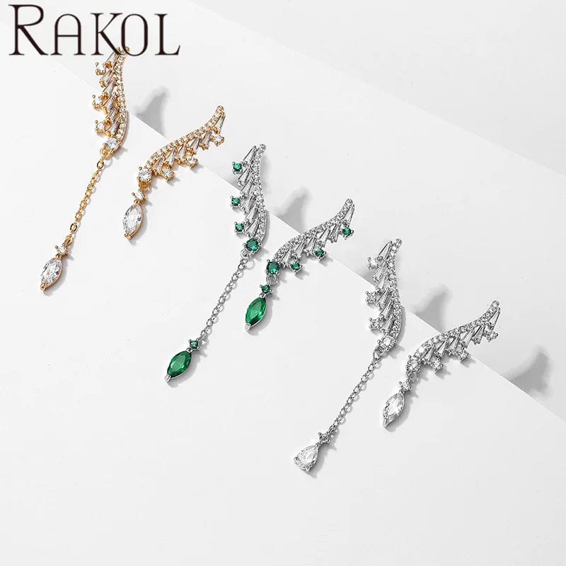 RAKOL EP5422 top selling elegant asymmetric wing type shining diamond silver 18k gold plated long dangle earrings