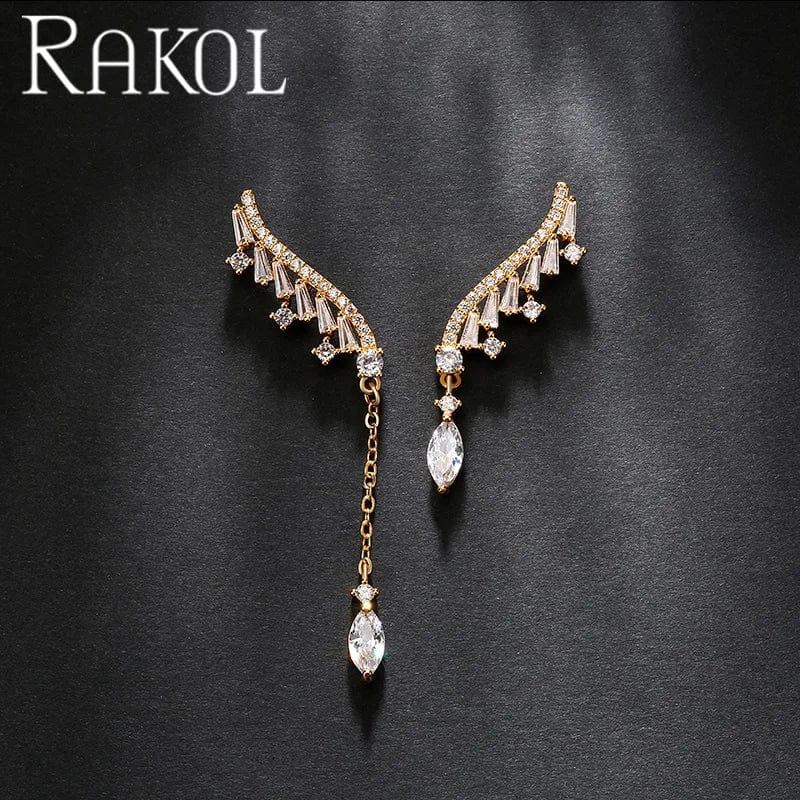 RAKOL EP5422 top selling elegant asymmetric wing type shining diamond silver 18k gold plated long dangle earrings