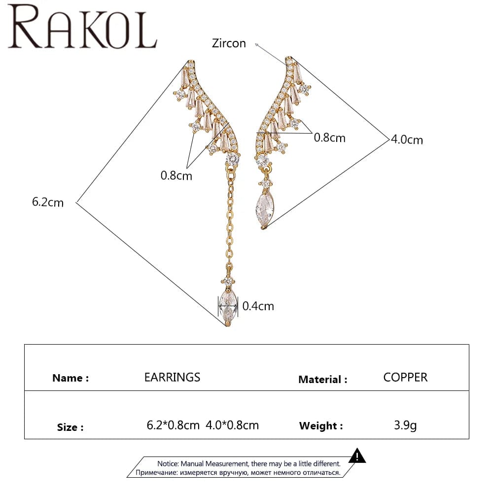 RAKOL EP5422 top selling elegant asymmetric wing type shining diamond silver 18k gold plated long dangle earrings