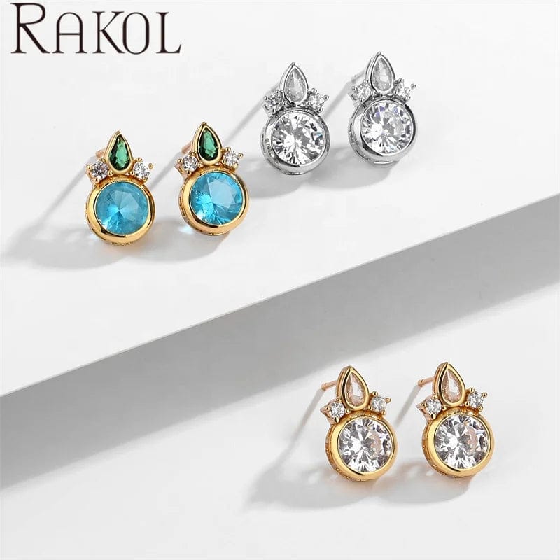 RAKOL EP5453 ladies' tiny baroque popular round colorful zircon silver 18k gold plated wholesale shining jewelry stud earring