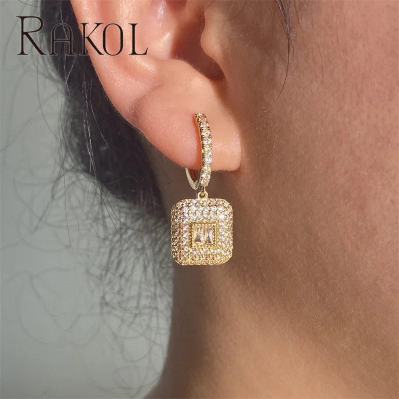 RAKOL EP6099 Clear Cubic Zircon Square Dangle Earrings Designer Gemstone Pave Earring Trendy Silver Plated Women Wedding Jewelry