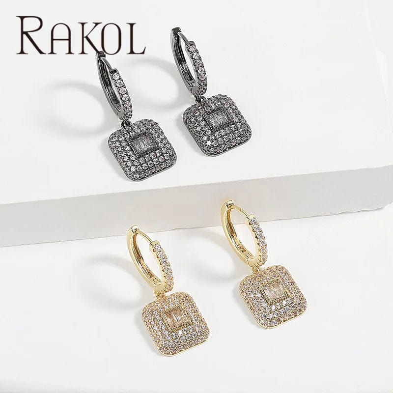 RAKOL EP6099 Clear Cubic Zircon Square Dangle Earrings Designer Gemstone Pave Earring Trendy Silver Plated Women Wedding Jewelry