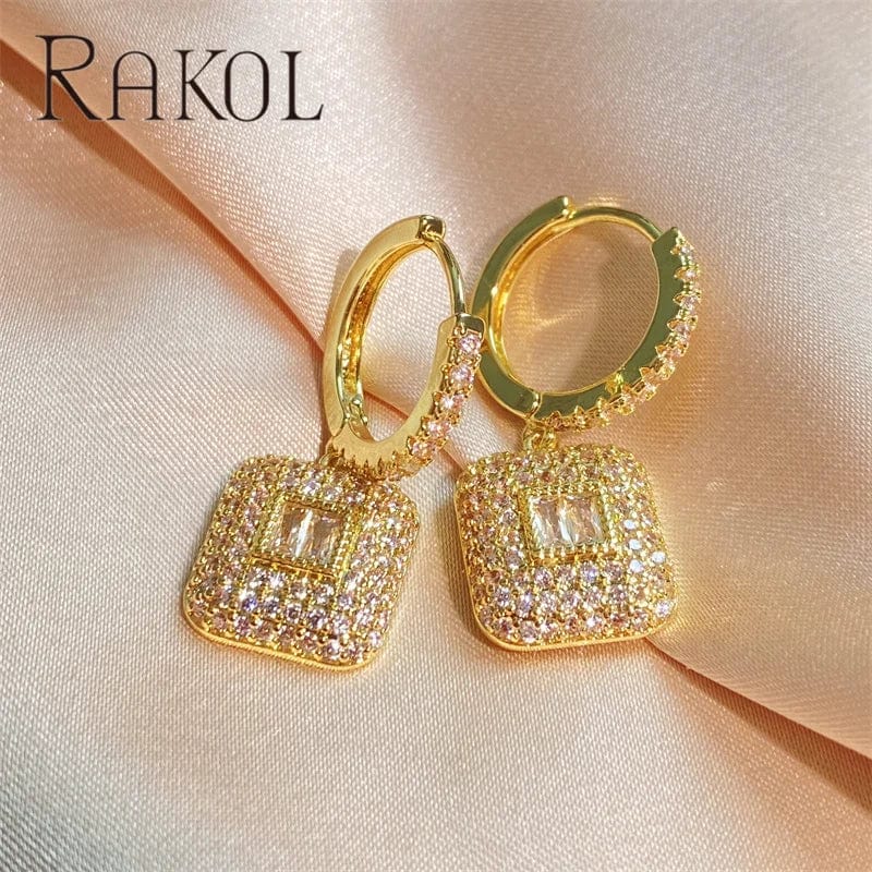 RAKOL EP6099 Clear Cubic Zircon Square Dangle Earrings Designer Gemstone Pave Earring Trendy Silver Plated Women Wedding Jewelry