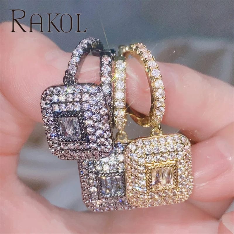 RAKOL EP6099 Clear Cubic Zircon Square Dangle Earrings Designer Gemstone Pave Earring Trendy Silver Plated Women Wedding Jewelry