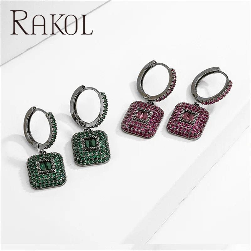 RAKOL EP6099 Clear Cubic Zircon Square Dangle Earrings Designer Gemstone Pave Earring Trendy Silver Plated Women Wedding Jewelry