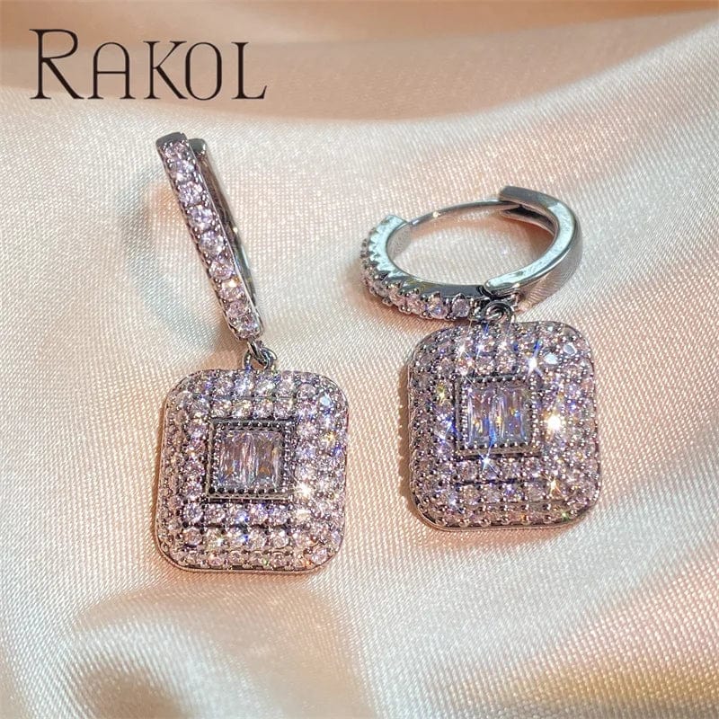 RAKOL EP6099 Clear Cubic Zircon Square Dangle Earrings Designer Gemstone Pave Earring Trendy Silver Plated Women Wedding Jewelry