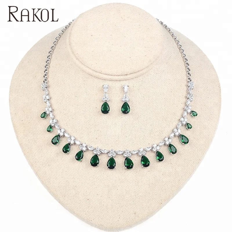 RAKOL SP093  White Gold Plated Crystal Drop stone CZ zircon Necklace earrings Set