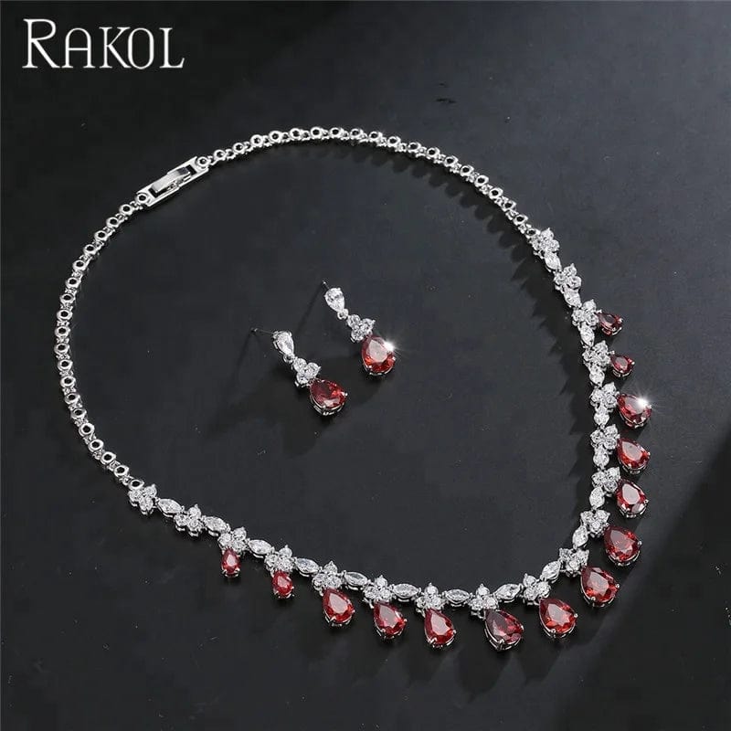 RAKOL SP093  White Gold Plated Crystal Drop stone CZ zircon Necklace earrings Set