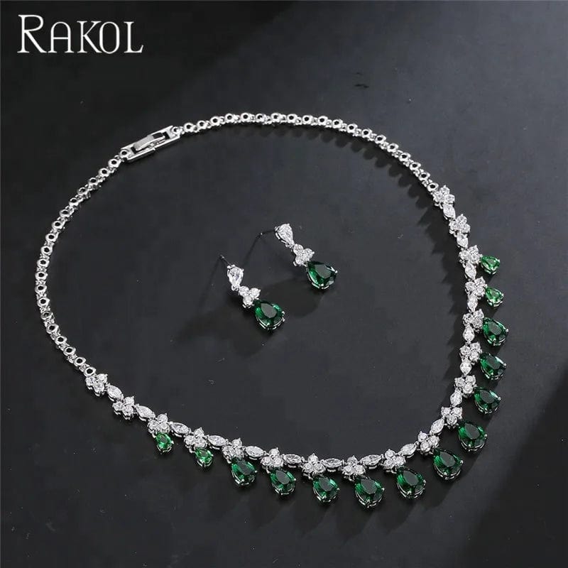 RAKOL SP093  White Gold Plated Crystal Drop stone CZ zircon Necklace earrings Set