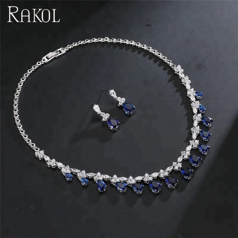 RAKOL SP093  White Gold Plated Crystal Drop stone CZ zircon Necklace earrings Set