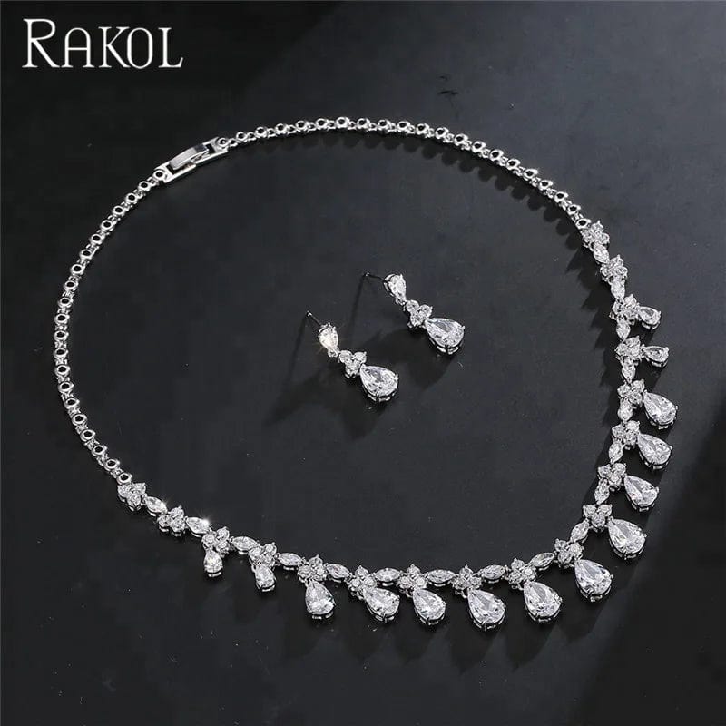 RAKOL SP093  White Gold Plated Crystal Drop stone CZ zircon Necklace earrings Set