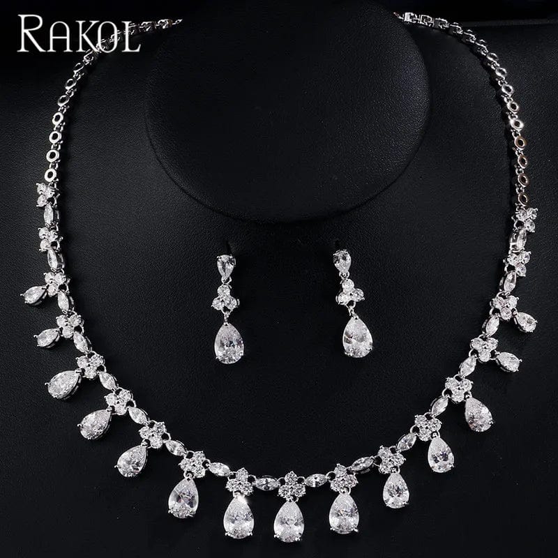 RAKOL SP093  White Gold Plated Crystal Drop stone CZ zircon Necklace earrings Set