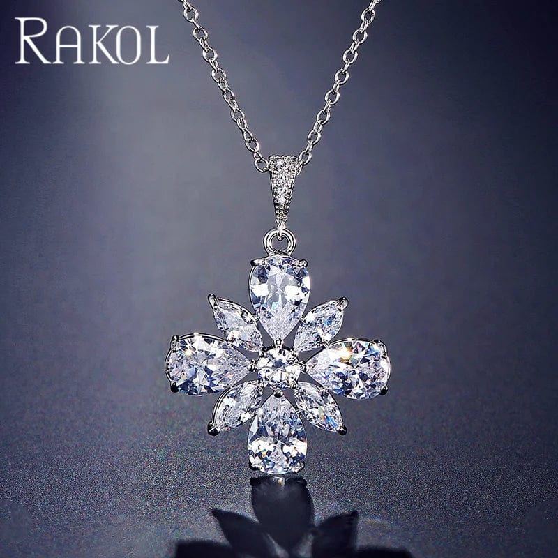 RAKOL SP3130 Women Fine Jewelry Snowflake Crystal Stud Bridal Earrings Necklace Set  Zircon Snowflake Pendant Tennis Necklace