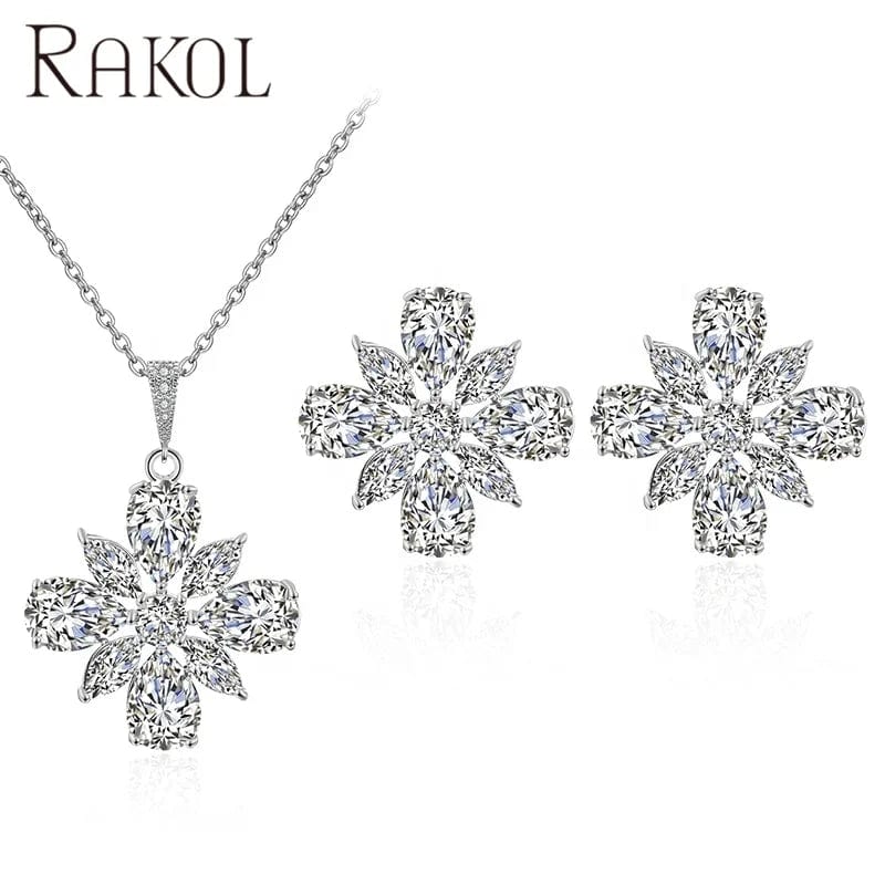 RAKOL SP3130 Women Fine Jewelry Snowflake Crystal Stud Bridal Earrings Necklace Set  Zircon Snowflake Pendant Tennis Necklace