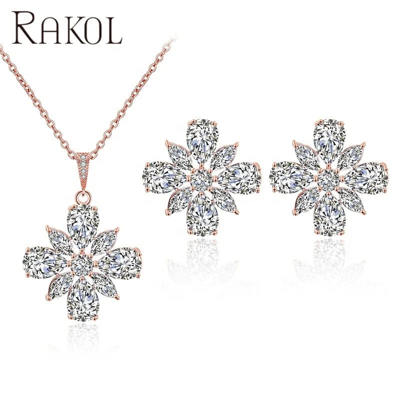 RAKOL SP3130 Women Fine Jewelry Snowflake Crystal Stud Bridal Earrings Necklace Set  Zircon Snowflake Pendant Tennis Necklace