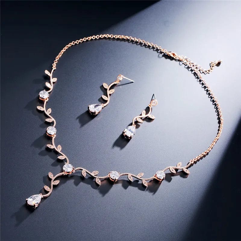 rose gold plating RAKOL SP233 Cheap Wedding Bridal CZ Jewelry Set Silver Leaf Branch Zircon Necklace Earrings Set