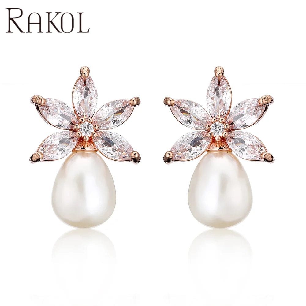 Rose gold RAKOL EP1161 2022 fashion jewelry cute pearl earring charms flower pearl earrings zirconia pearl earrings