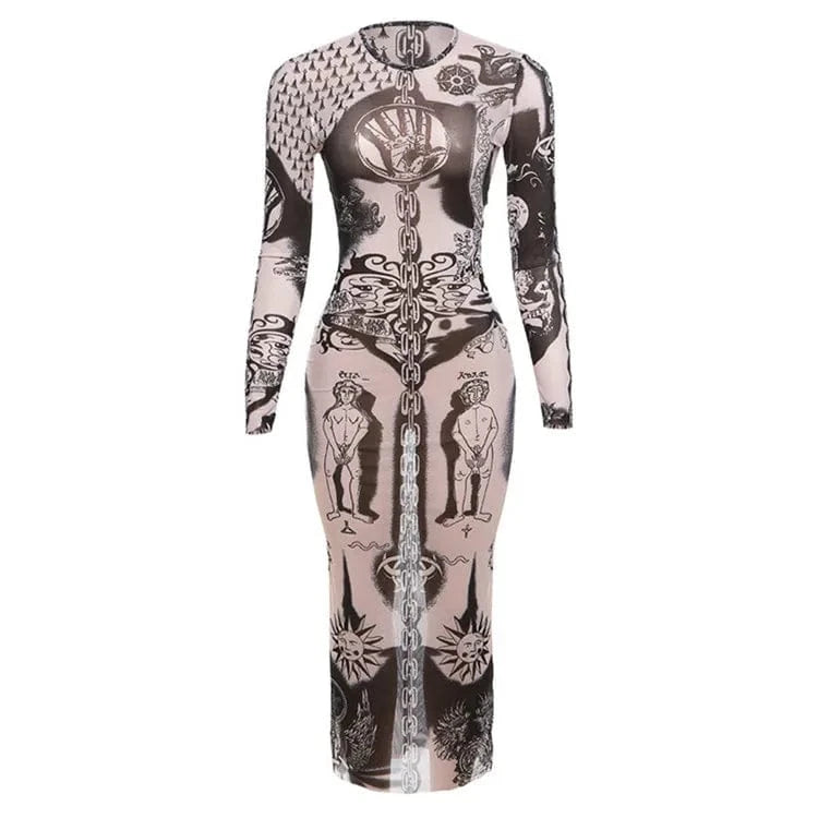 S / Apricot Women 2024 Spring Autumn Long Sleeve Mesh See Through Streetwear Bodycon Maxi Dress