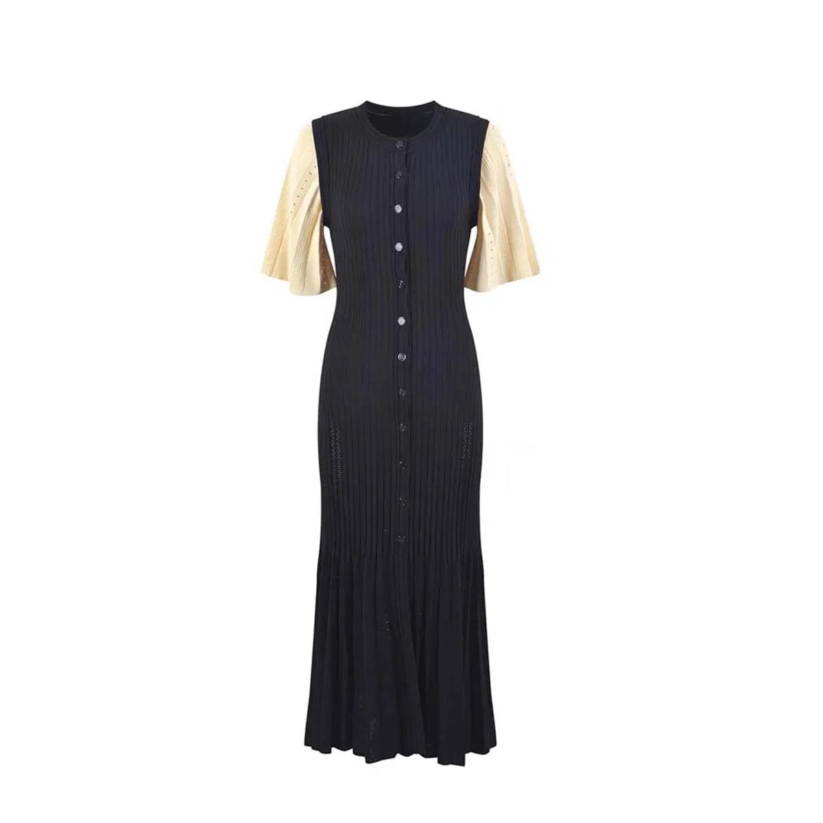 S / Black 2024 Spring New Fashion Ladies Office Wear Button Waist Lantern Long Sleeve Long Dress Women