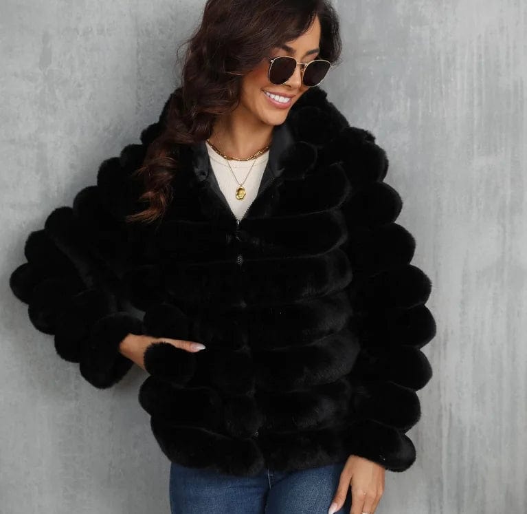 S / Black Custom logo Winter Solid Faux Fur Coat Short Faux Fur Woman Coat Chinchilla Faux Mink Fur Coat For Ladies