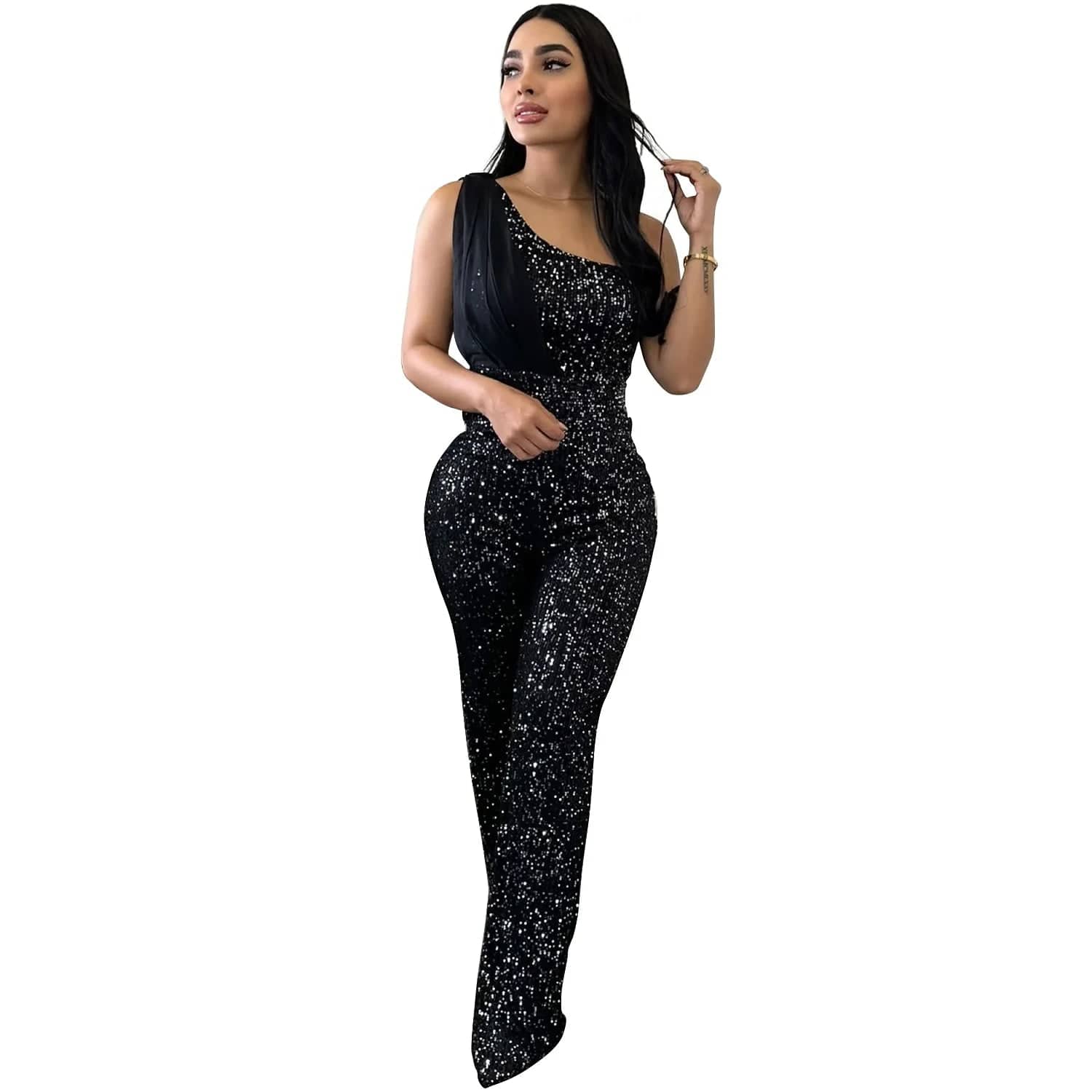 S / Black Liu Ming New Products 2024 Women Elegant One Shoulder Skinny Pants Luxury Sparkly Evening Party Sequin Jumpsuit