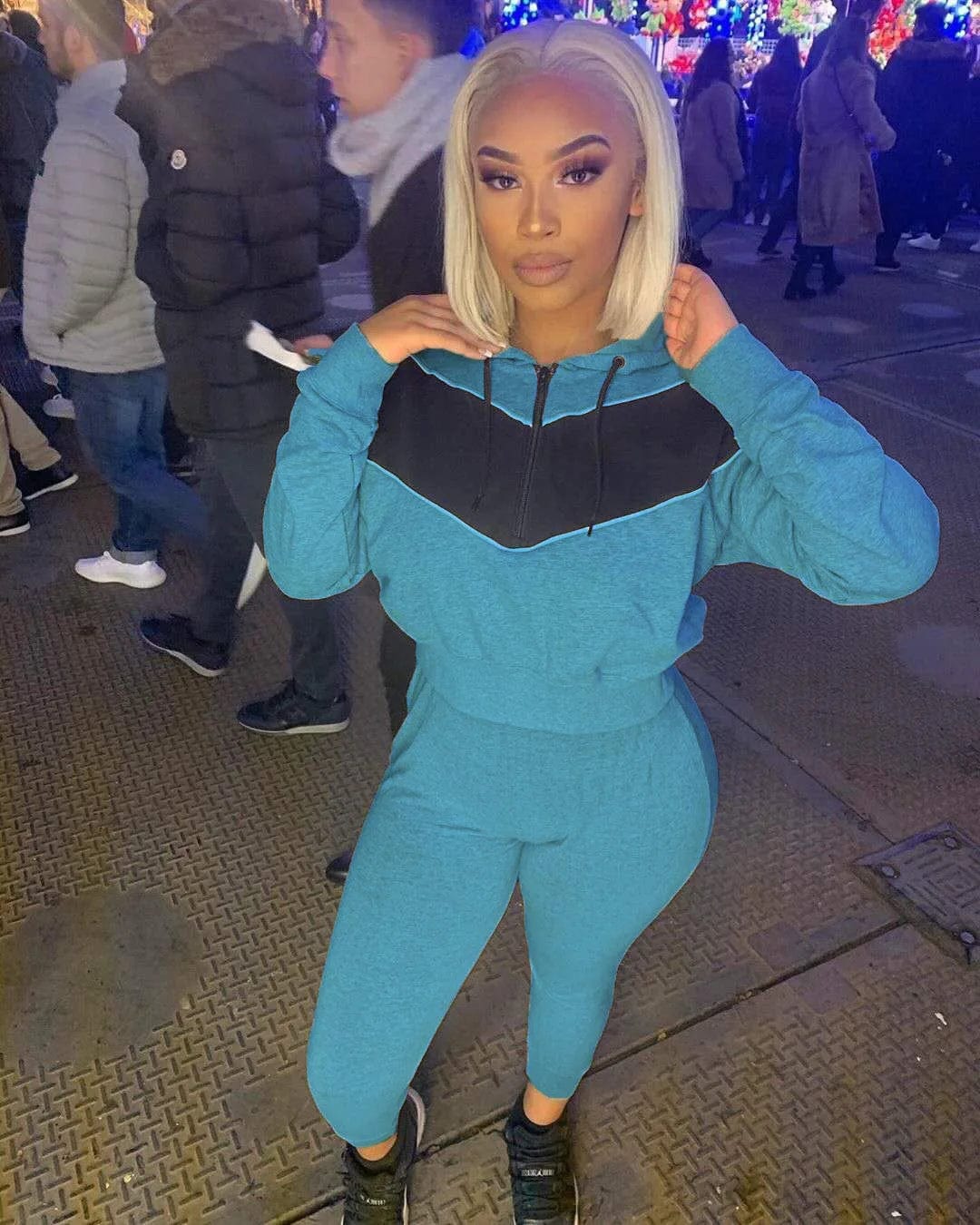 S / Blue Jogging Sweat Suits Pullover Hooded Sweatshirt And Sweatpants Set Two Piece Outfit With Zipper