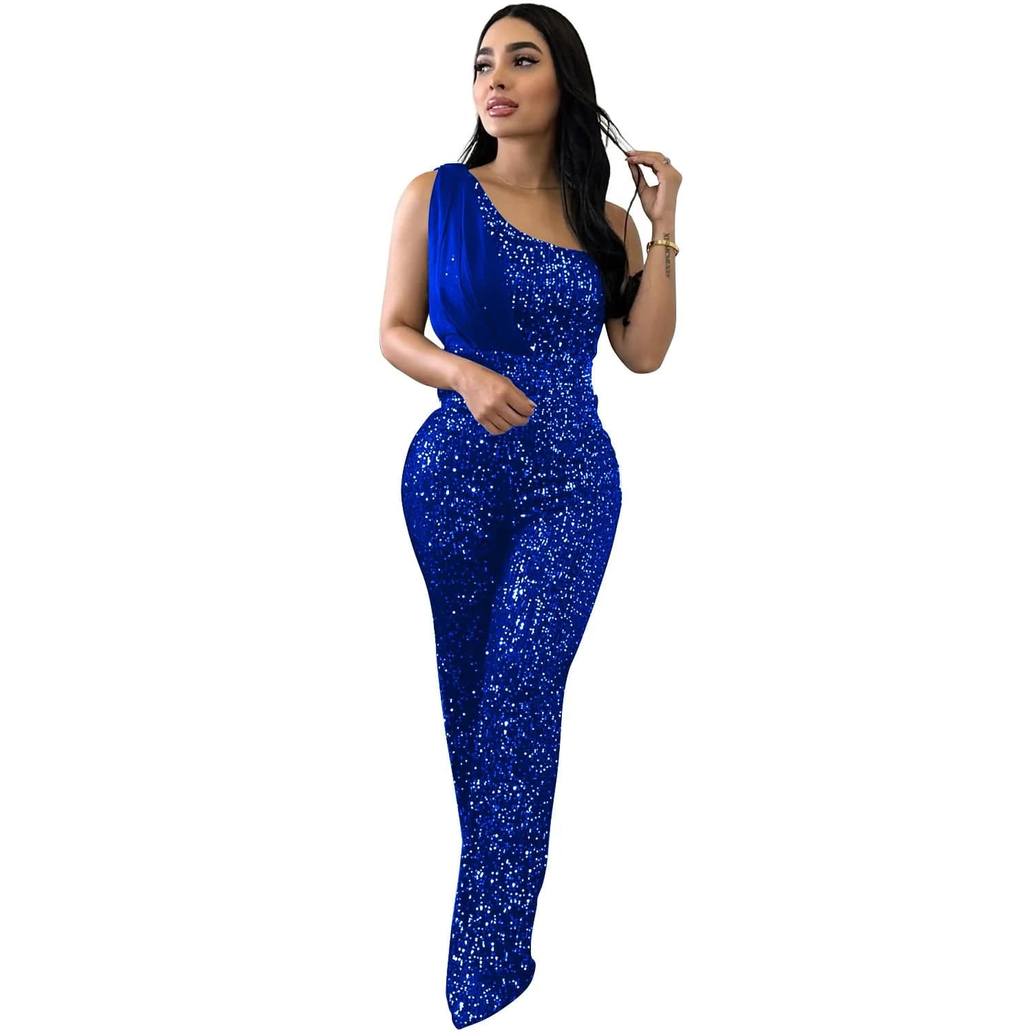 S / Blue Liu Ming New Products 2024 Women Elegant One Shoulder Skinny Pants Luxury Sparkly Evening Party Sequin Jumpsuit