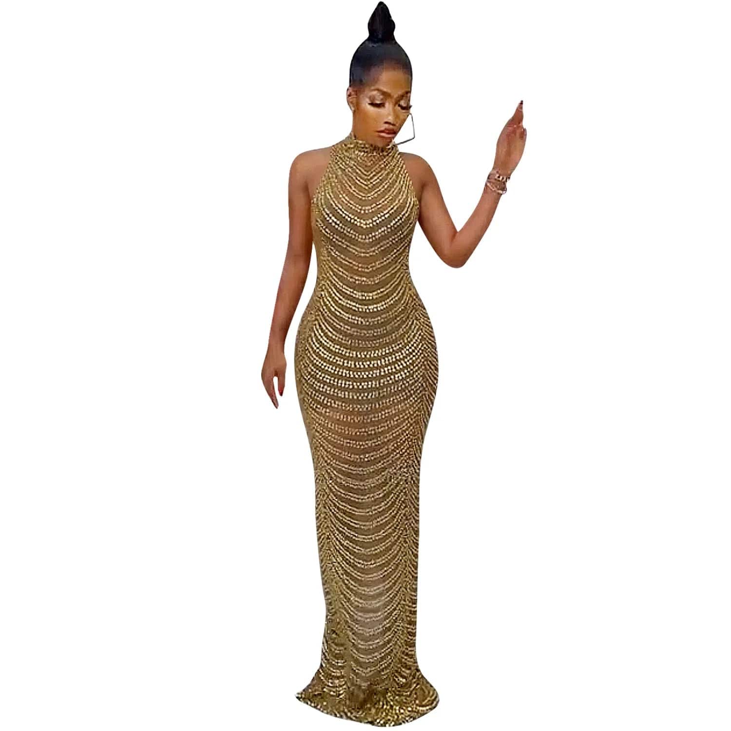 S / Golden Now Arrival 2024 Women Clubwear Backless Tight Party Evening Dress Women Mesh Rhinestone Long Maxi Dress