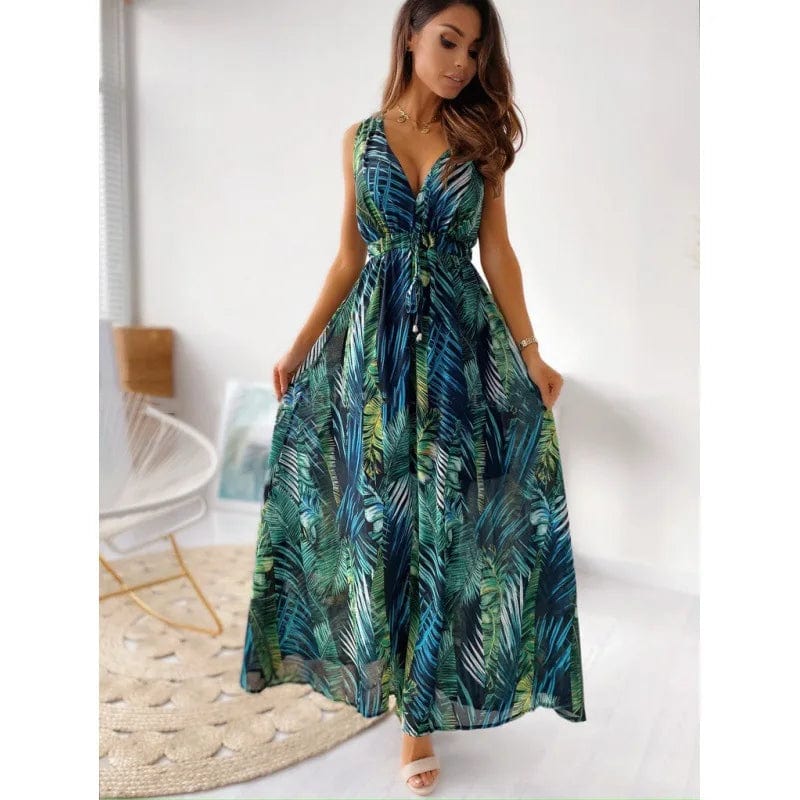 S / MINT new woman clothes large size  v-neck floral ladies evening dresses all-match dress new printed backless strap casual clothing