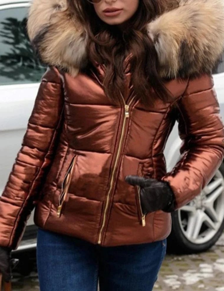 S / Orange Liu Ming Winter Women Clothing Fashion Hood Faux Fur Collar Outwear Parkas Ladies Down Jacket Plus Size Coat