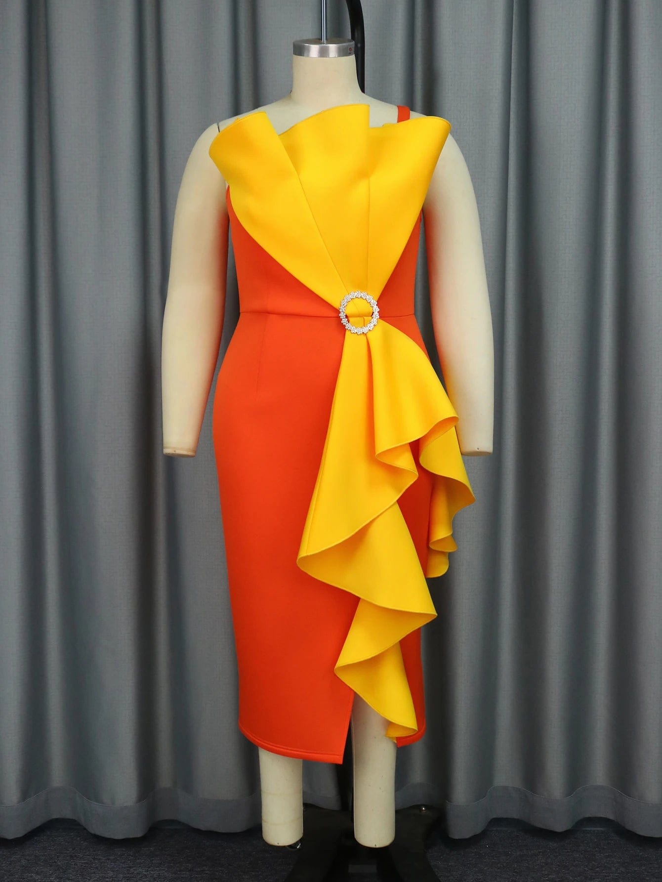 S / Orange One Shoulder Asymmetric Ruffle Contrast Color Cocktail Dresses Women