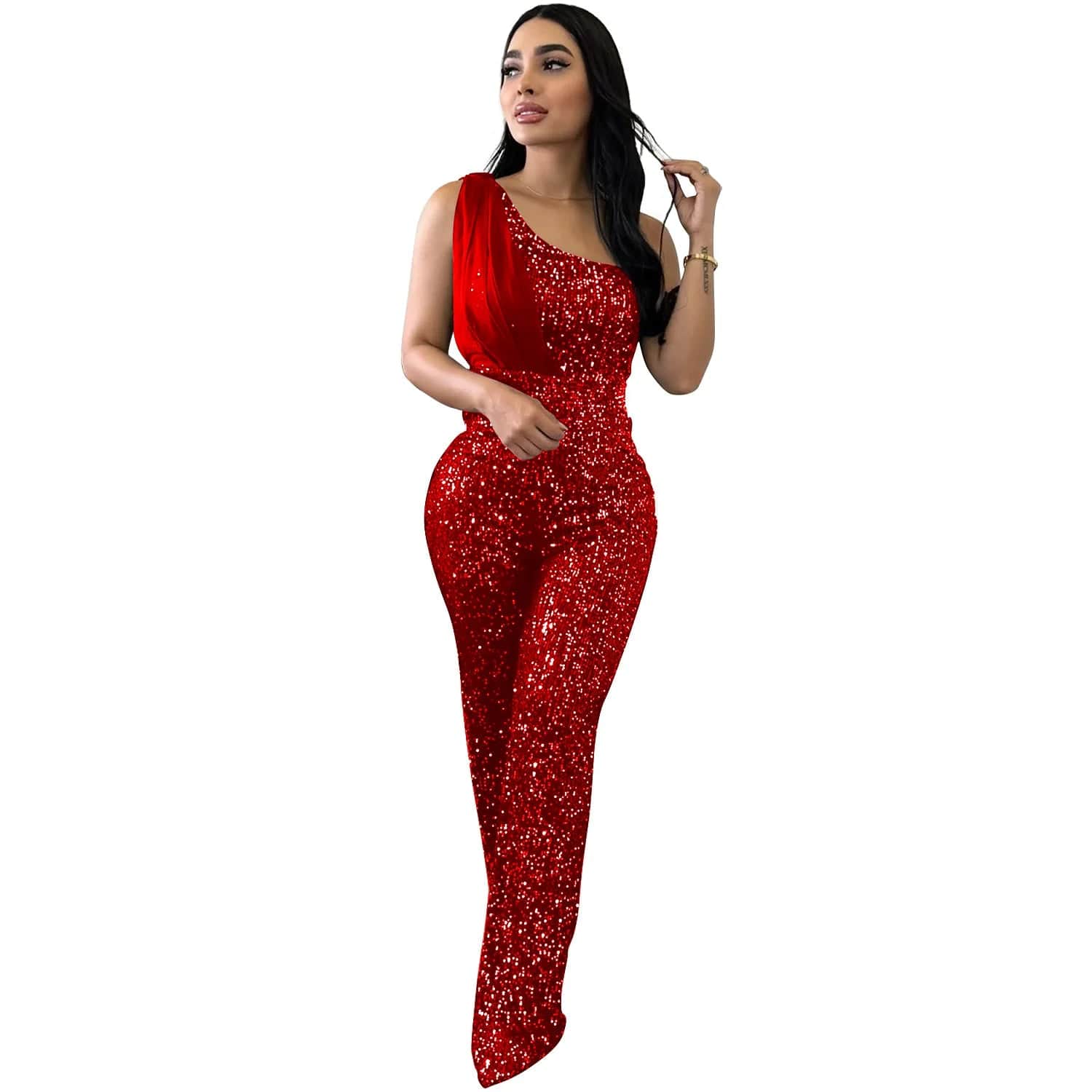 S / Red Liu Ming New Products 2024 Women Elegant One Shoulder Skinny Pants Luxury Sparkly Evening Party Sequin Jumpsuit