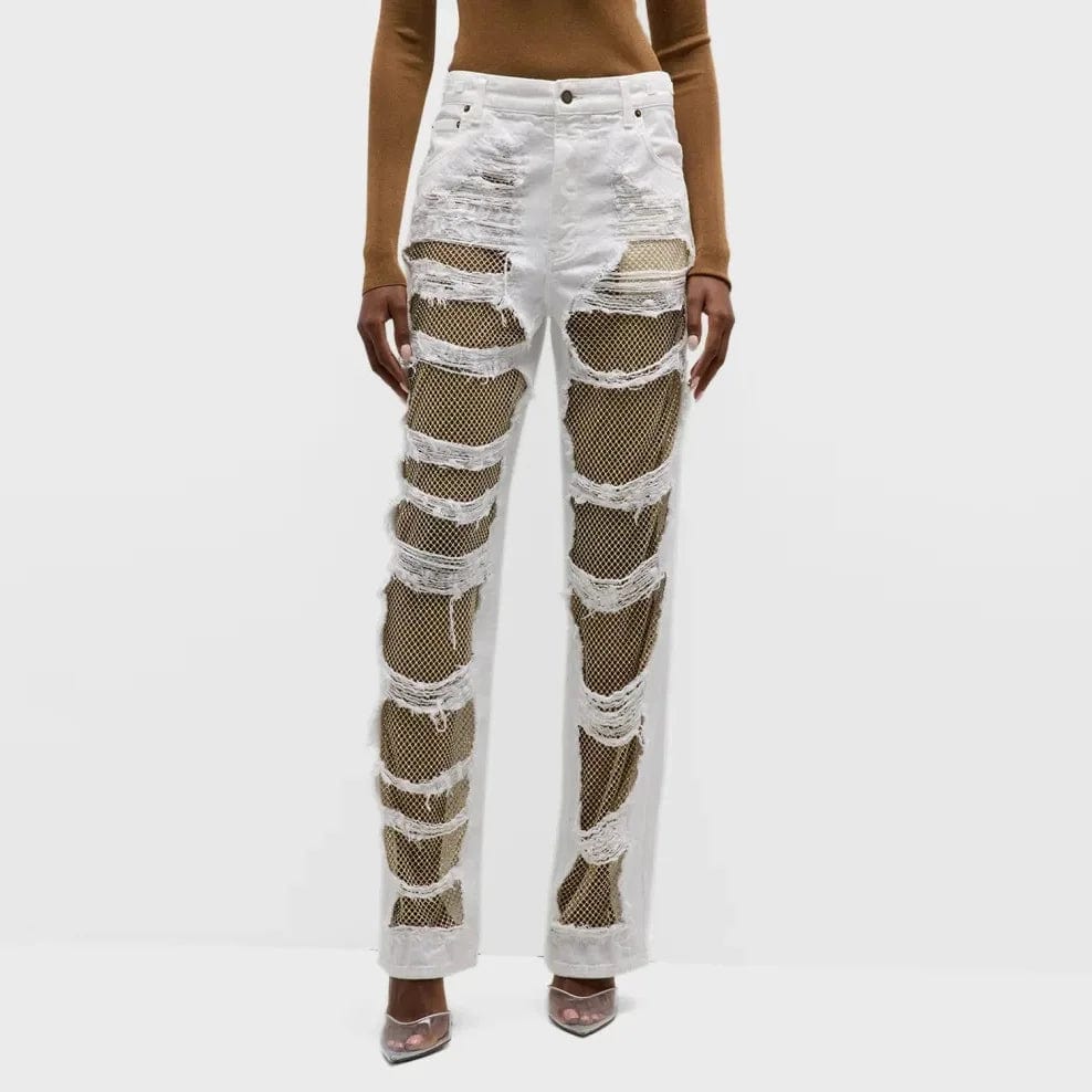 S / White OUDINA 2024 New Hip Hop Style Mid-waist Distressed Ripped Mesh Jeans Diamond Design Casual Denim Pants Women