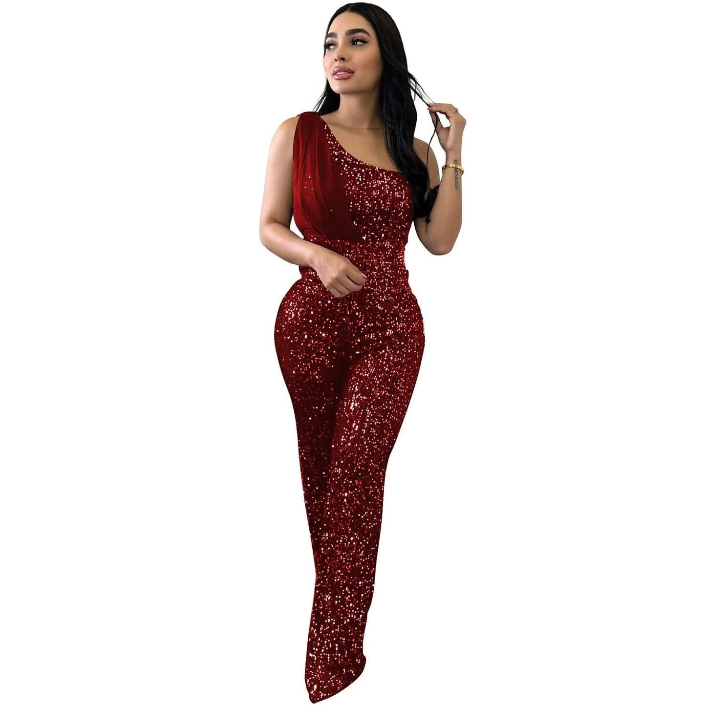 S / Wine red Liu Ming New Products 2024 Women Elegant One Shoulder Skinny Pants Luxury Sparkly Evening Party Sequin Jumpsuit