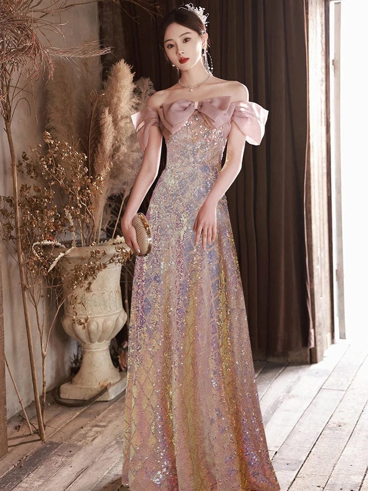 S0150G  2024 new pink sequins off shoulder banquet light luxury host, high -level feeling  women long evening dress