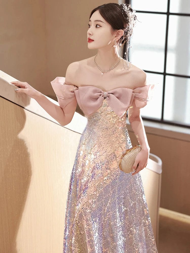 S0150G  2024 new pink sequins off shoulder banquet light luxury host, high -level feeling  women long evening dress