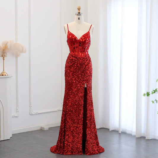 Sexy Spaghetti Straps Wine Red Sequin Mermaid Prom Evening Dresses 2024 Elegant Black Silver Long Party Gowns SZ166