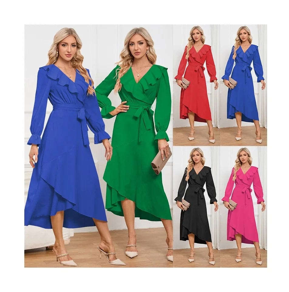 spring autumn 2024 korean ladies women elegant chiffon ruffle midi dress women long sleeve elegant casual modest clothing