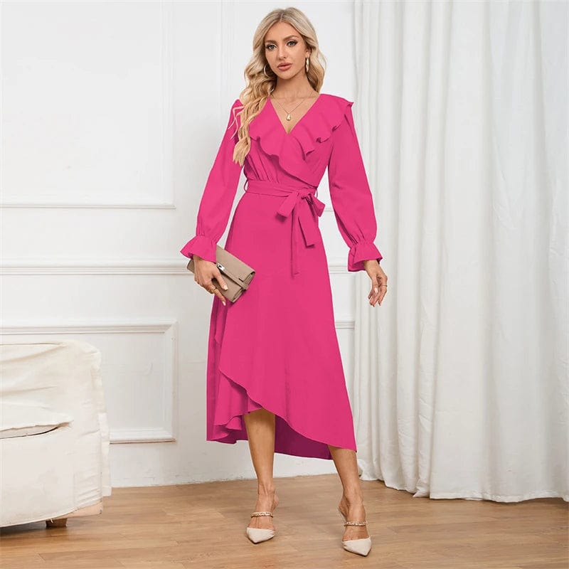 spring autumn 2024 korean ladies women elegant chiffon ruffle midi dress women long sleeve elegant casual modest clothing