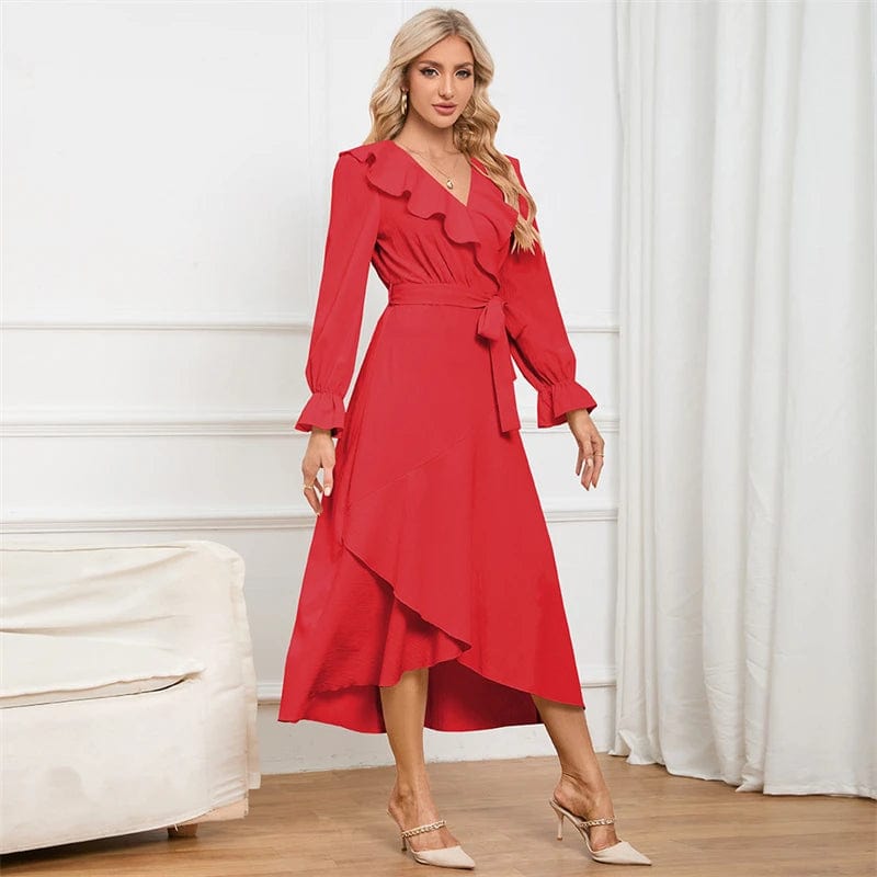 spring autumn 2024 korean ladies women elegant chiffon ruffle midi dress women long sleeve elegant casual modest clothing