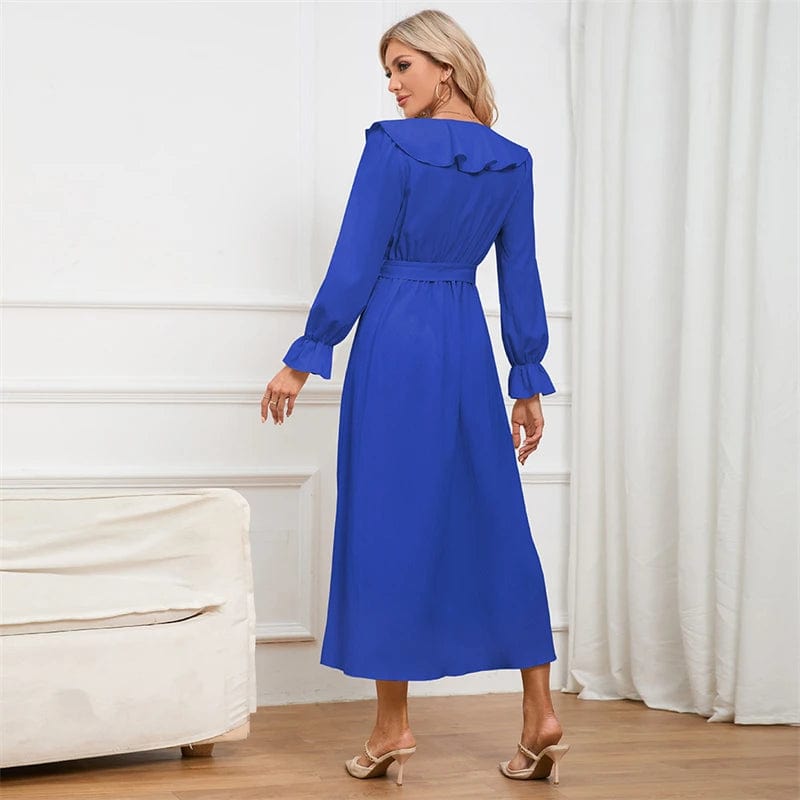 spring autumn 2024 korean ladies women elegant chiffon ruffle midi dress women long sleeve elegant casual modest clothing