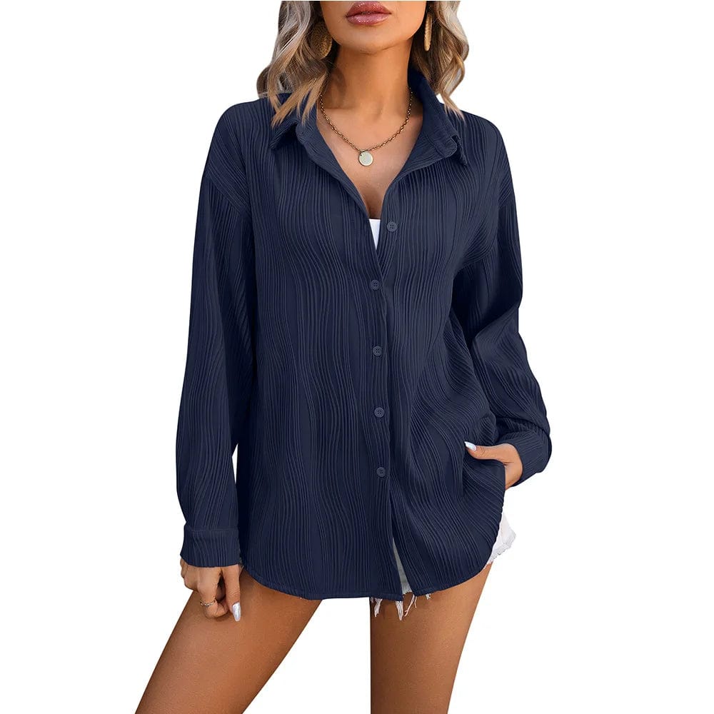 Spring Summer New Wavy Texture Loose Fashion Shirt Ladies Office Casual Lapel Long Sleeves Shirt