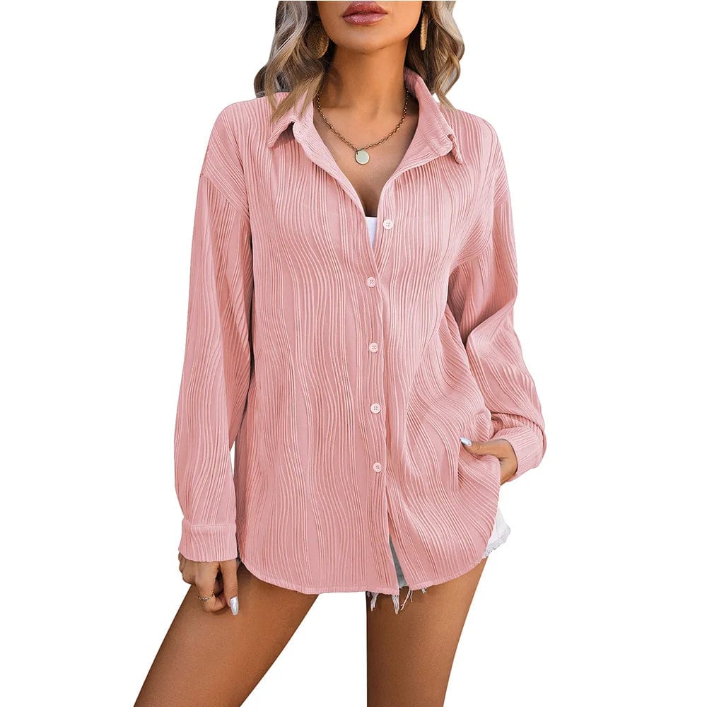 Spring Summer New Wavy Texture Loose Fashion Shirt Ladies Office Casual Lapel Long Sleeves Shirt