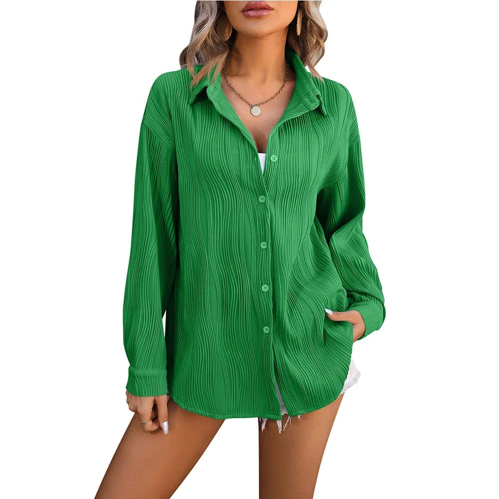 Spring Summer New Wavy Texture Loose Fashion Shirt Ladies Office Casual Lapel Long Sleeves Shirt