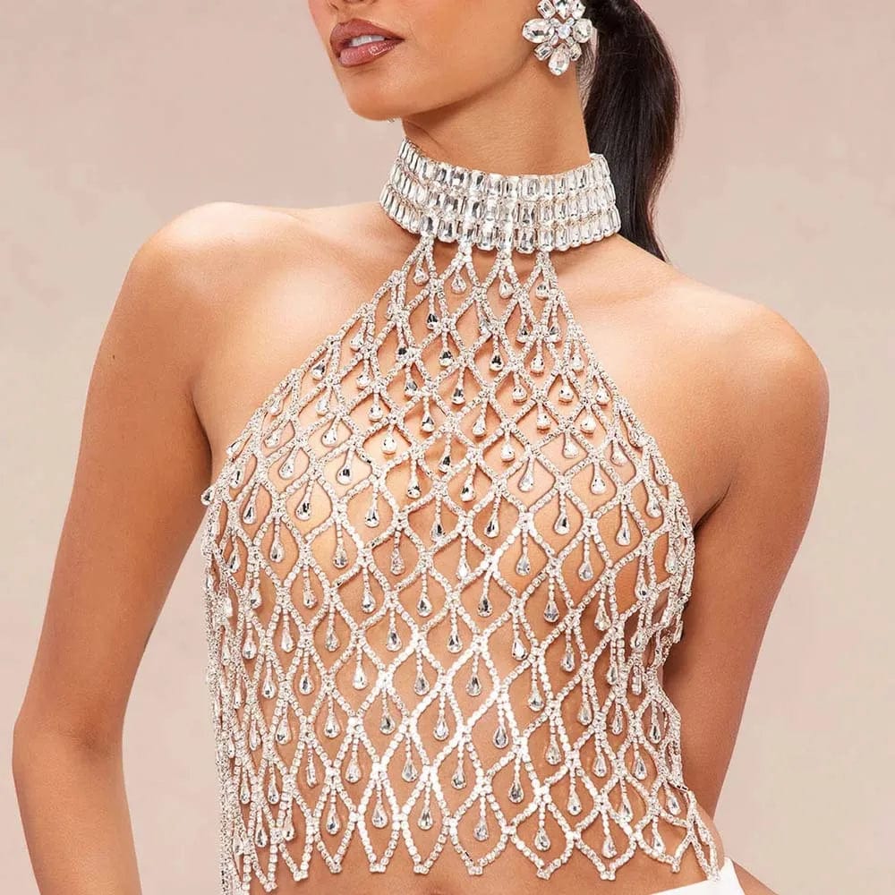 tops Stonefans Exaggeration Mesh Chest Chain Jewellery Rhinestone Fashion Costume Dance Bohemian Embellished Top Bra Decoration Gifts